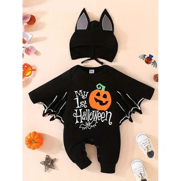 0-3M 2-PCS Baby First Halloween Romper with Bat Wings + Hat "My 1st Halloween" - Picture 2 of 11